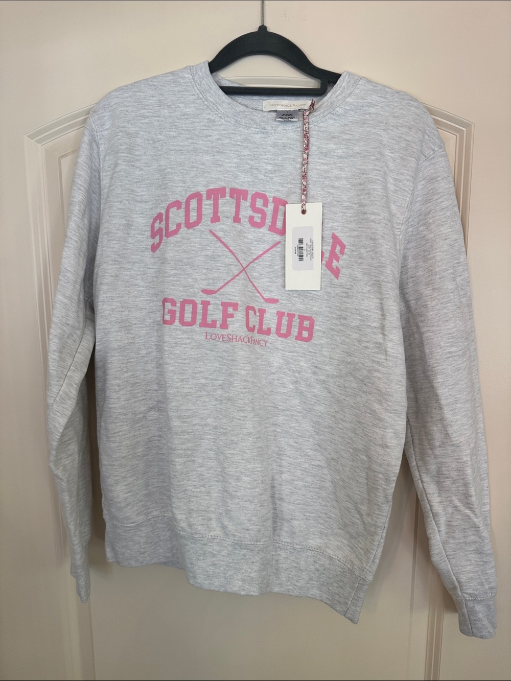 LoveShackFancy Grey Crewneck Sweatshirt with Pink Scottsdale Golf Club Print